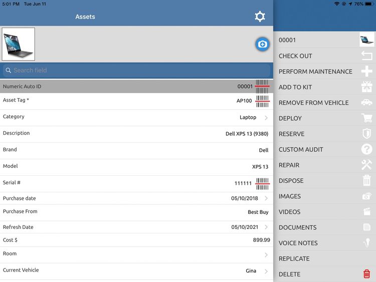 Asset Panda Tablet View of Asset Record