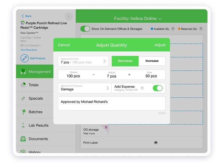 Screenshot of an Inventory Transfer in IndicaOnline POS