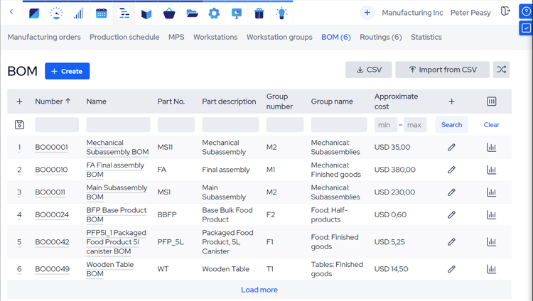 Screenshot of MRPeasy Bill of Materials