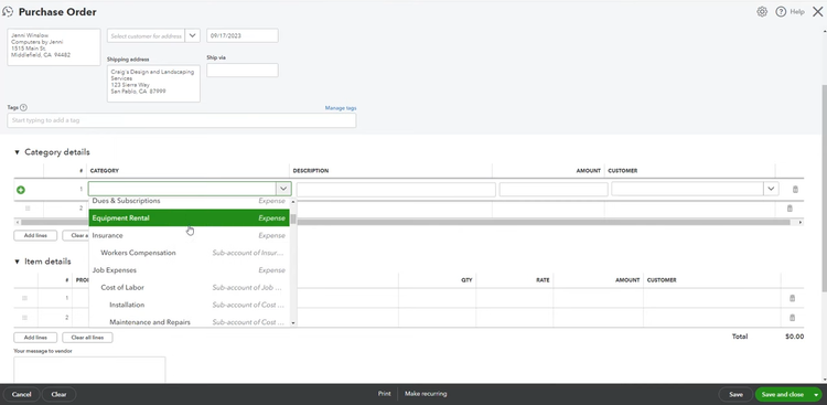 QuickBooks Online Purchase Order