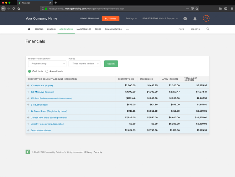 Buildium Financials Dashboard