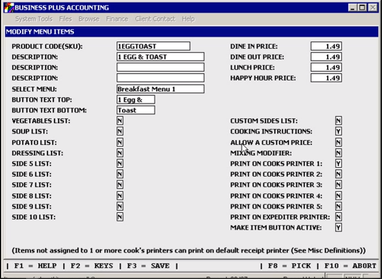 Editing a menu item in BPA Restaurant Professional