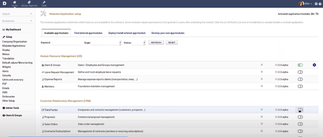 Dolibarr: Modules/Application Setup