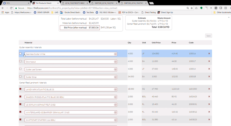 List of material prices for an estimate in FCS Roofing Software