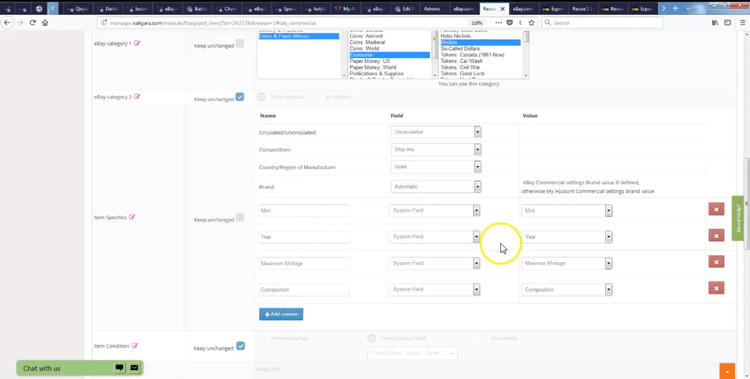 Editing item details and category assignments for eBay listings in Valigara Online Jewelry Manager