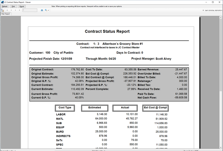 Viewpoint Vista Contract Status Report