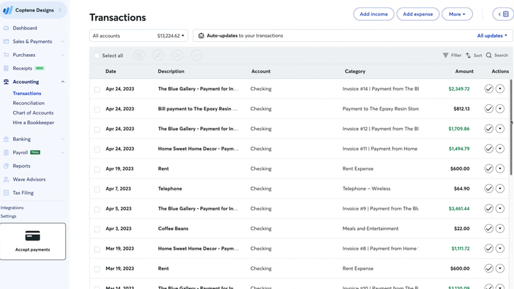 Wave Accounting Transactions Screen